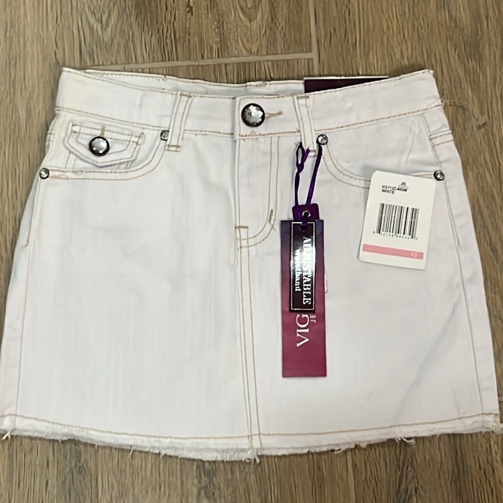Vigoss Skirt Jean Girl Size 10 White Adjustable Waist Bling Rhinestone Fray Mini - Picture 9 of 10